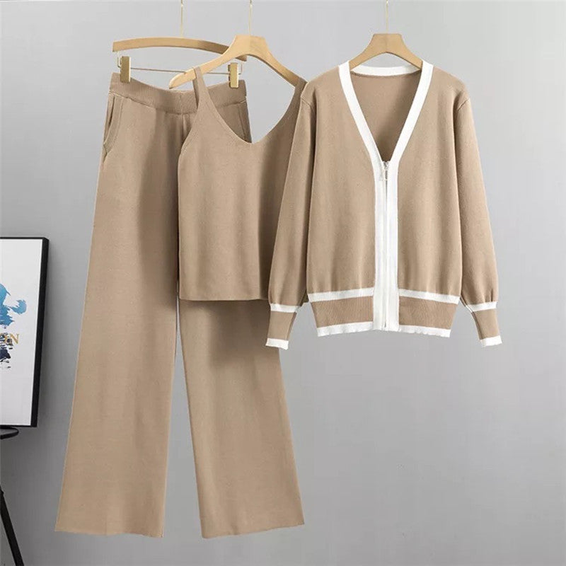 Women's Casual Knit Loungewear Set with Zip Cardigan and Wide-Leg Pants