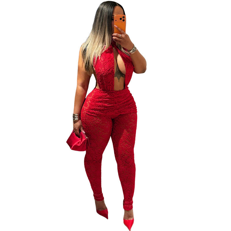 Elegant Lace Jumpsuit with Deep V-Neck and Tailored Design