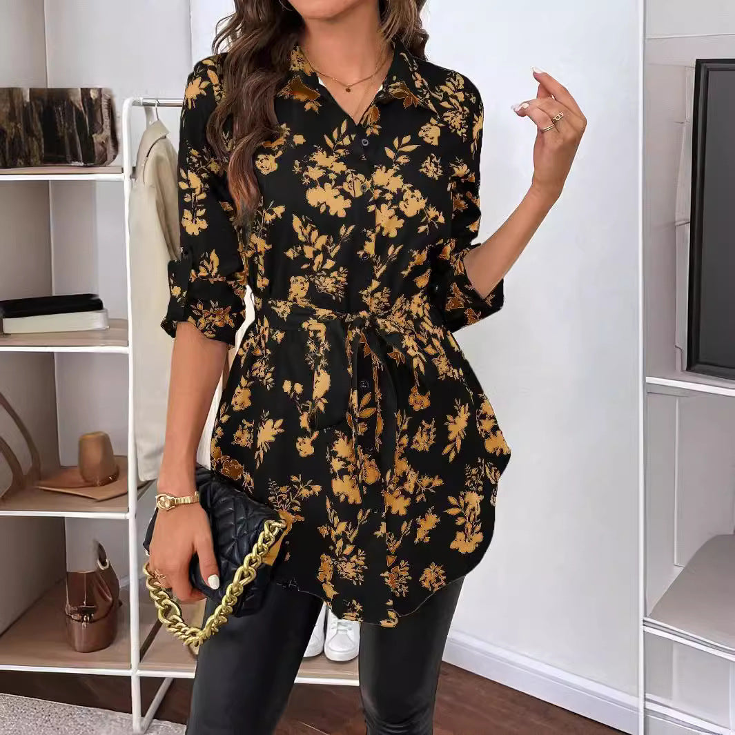 Women's Casual Blouse with Floral Pattern and Waist Tie