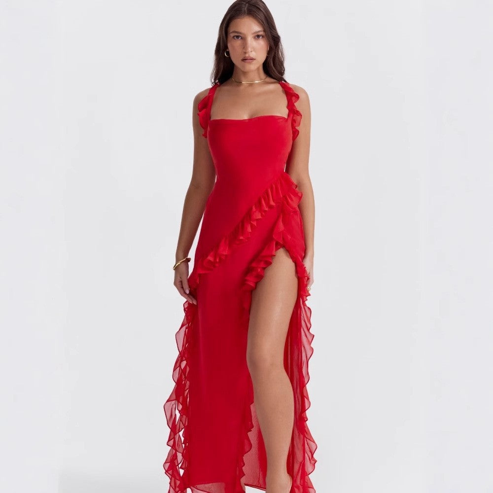 Women's Asymmetrical Maxi Dress with Ruffles and High Slit
