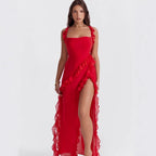 Women's Asymmetrical Maxi Dress with Ruffles and High Slit