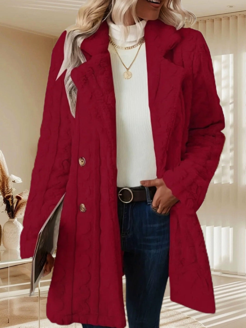Women's Fashionable Chunky Knit Coat with Double-Button Details