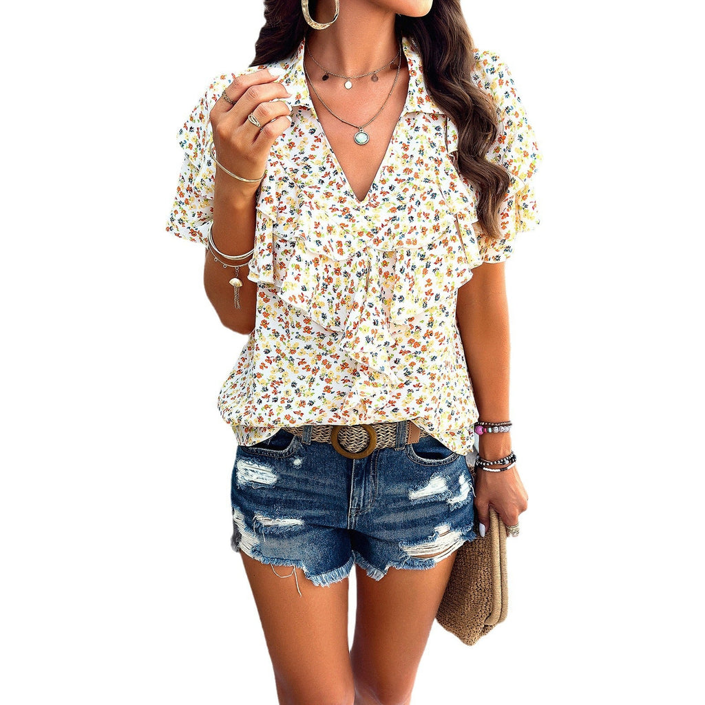 Women's Blouse with Voluminous Ruffles and Floral Patterns