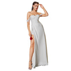 Women's Elegant Evening Dress with Off-Shoulder Sleeves and High Slit
