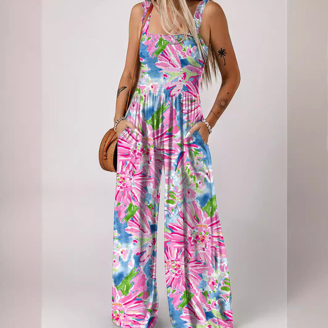 Women's Airy Floral Print Maxi Jumpsuit with Pockets