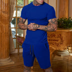 Men's slim Jersey set with round neck shirt and elastic drawstring shorts