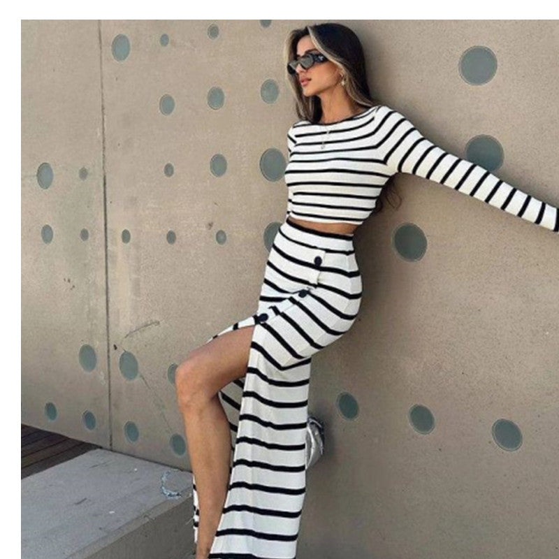 Striped Crop Top and Long Skirt Set