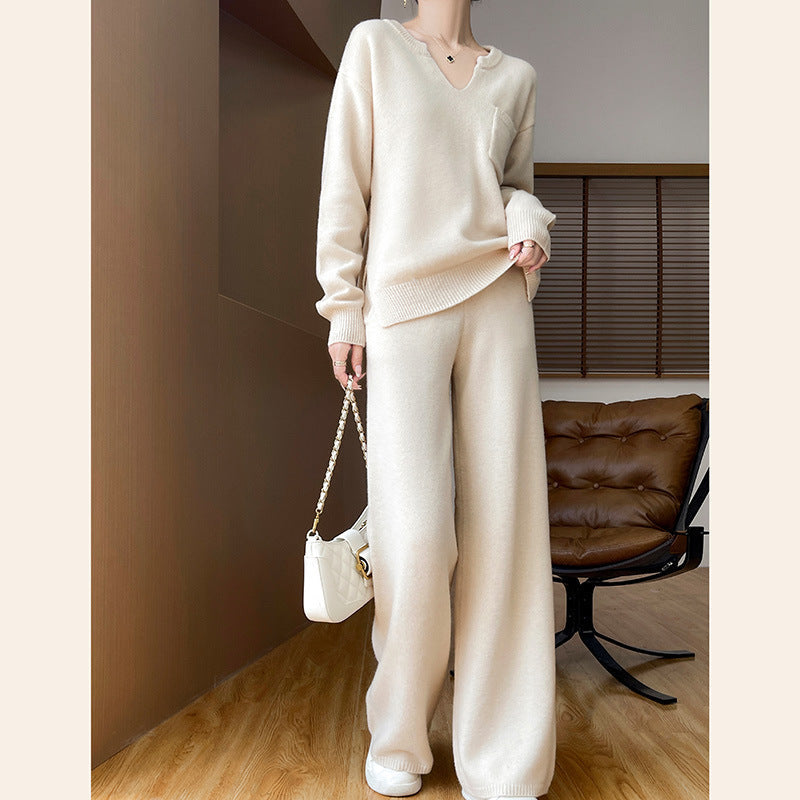 Women's Cozy Knit Ensemble with Wide Sweater and Wide-Leg Pants