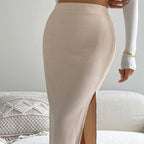 Women's Midi Skirt with High Slit and Ribbed Texture