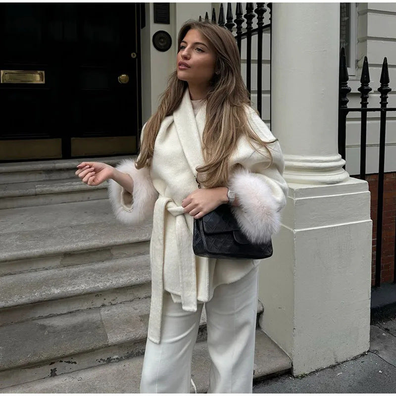 Elegant Wrap Jacket with Faux Fur Sleeves