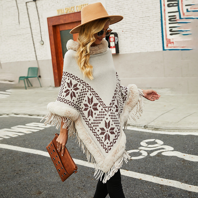 Women's Elegant Poncho with Decorative Fringe Design and Faux Fur Trim
