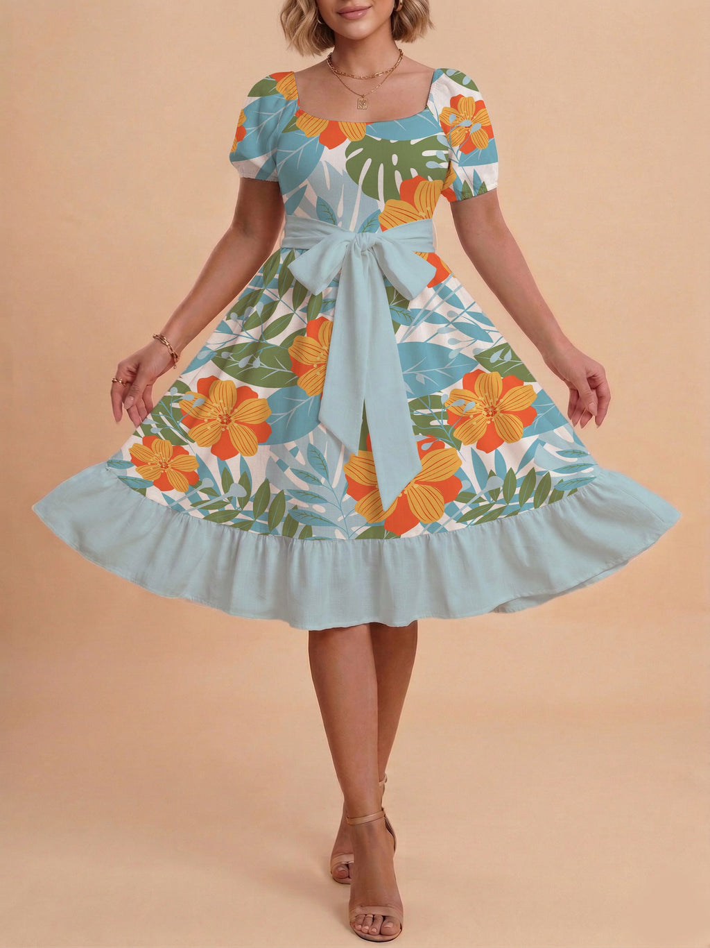 Women's A-Line Dress with Floral Motifs and Adjustable Belt