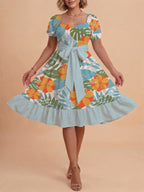 Women's A-Line Dress with Floral Motifs and Adjustable Belt