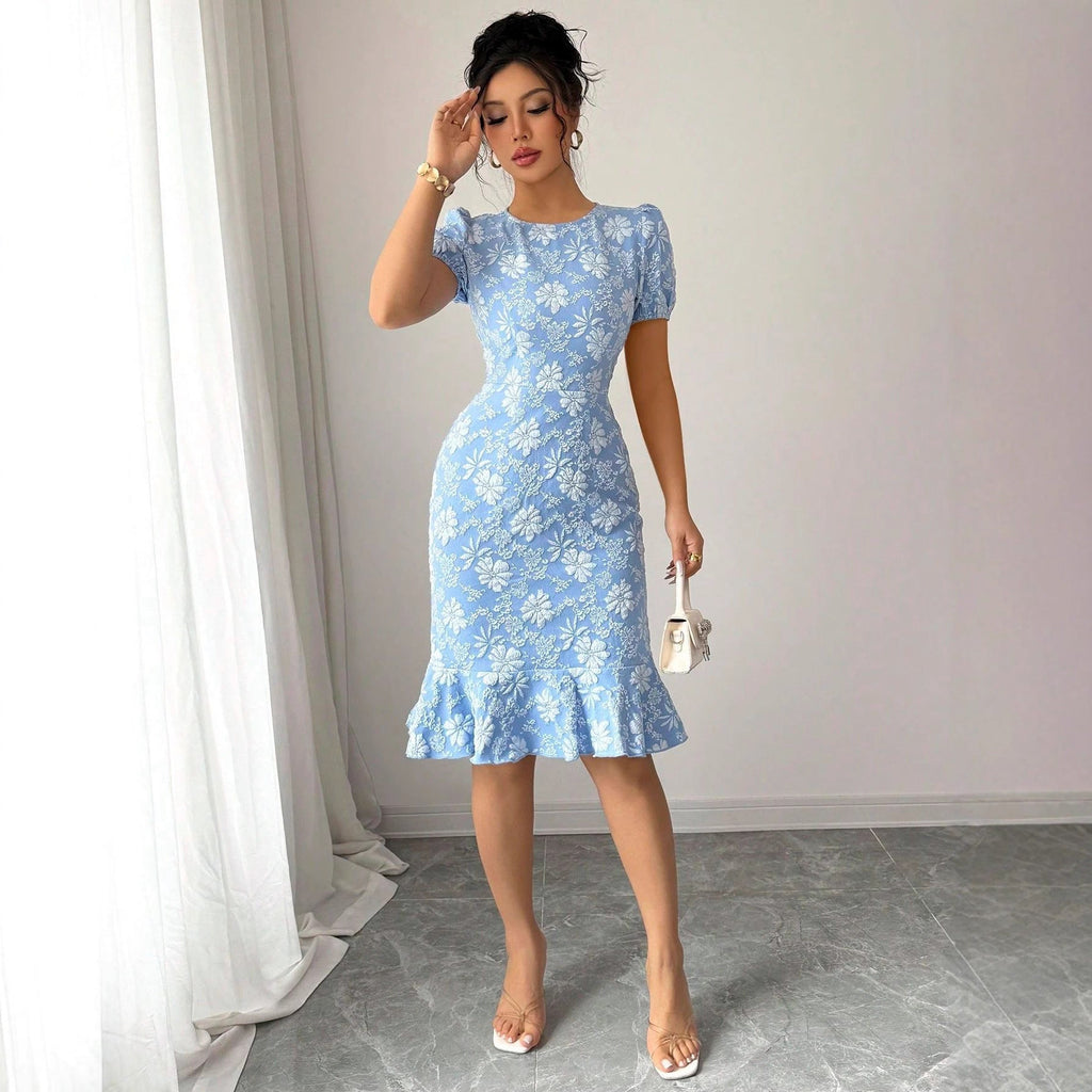 Women's Floral Lace Midi Dress with Ruffle Hem