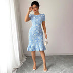 Women's Floral Lace Midi Dress with Ruffle Hem
