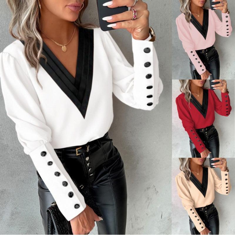 Women's V-Neck Blouse with Puff Sleeves