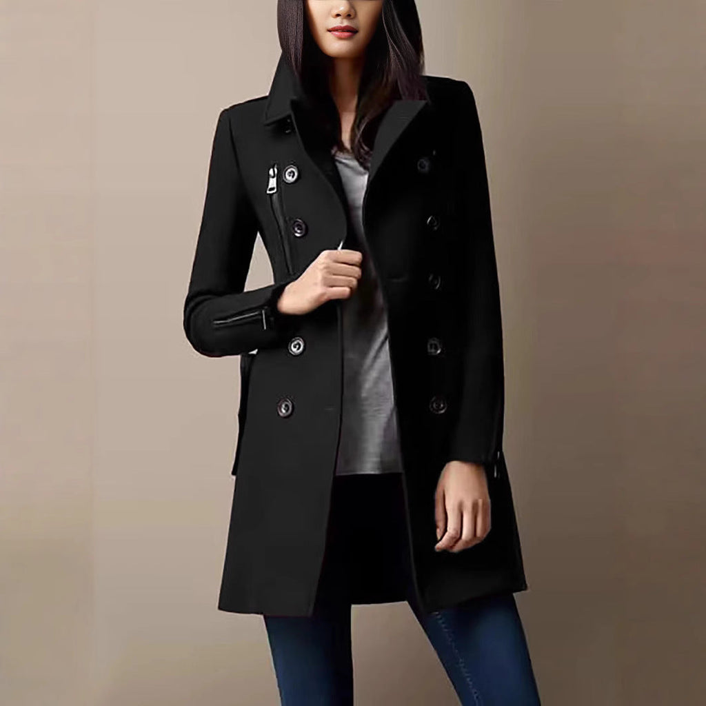 Women's Fashionable Short Coat with Double-Breasted Button Placket and Side Zippers