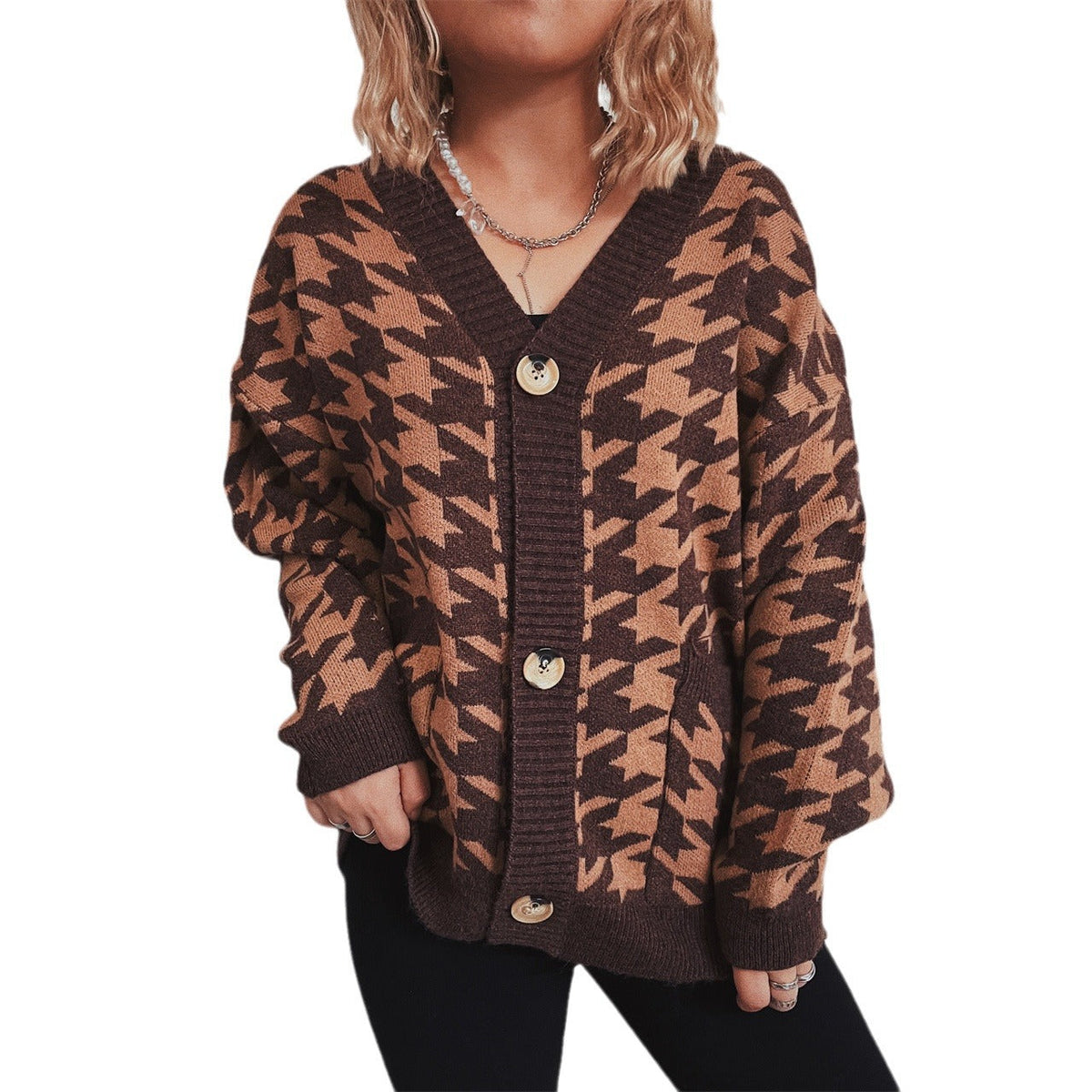 Women's Cozy Knit Cardigan with Modern Houndstooth Pattern and Button Details