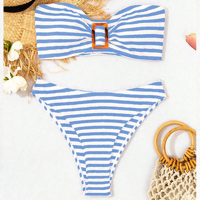 Women's Striped Bandeau Bikini with Buckle