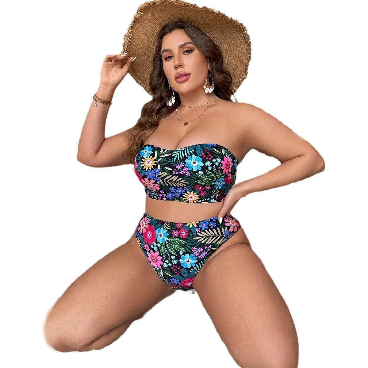 Women's Floral Bandeau Bikini with High-Waisted Bottoms
