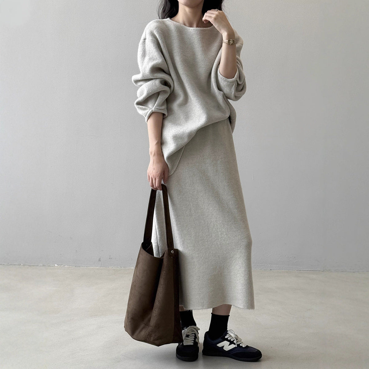 Women's Cozy Knit Set: Oversized Sweater and Midi Skirt