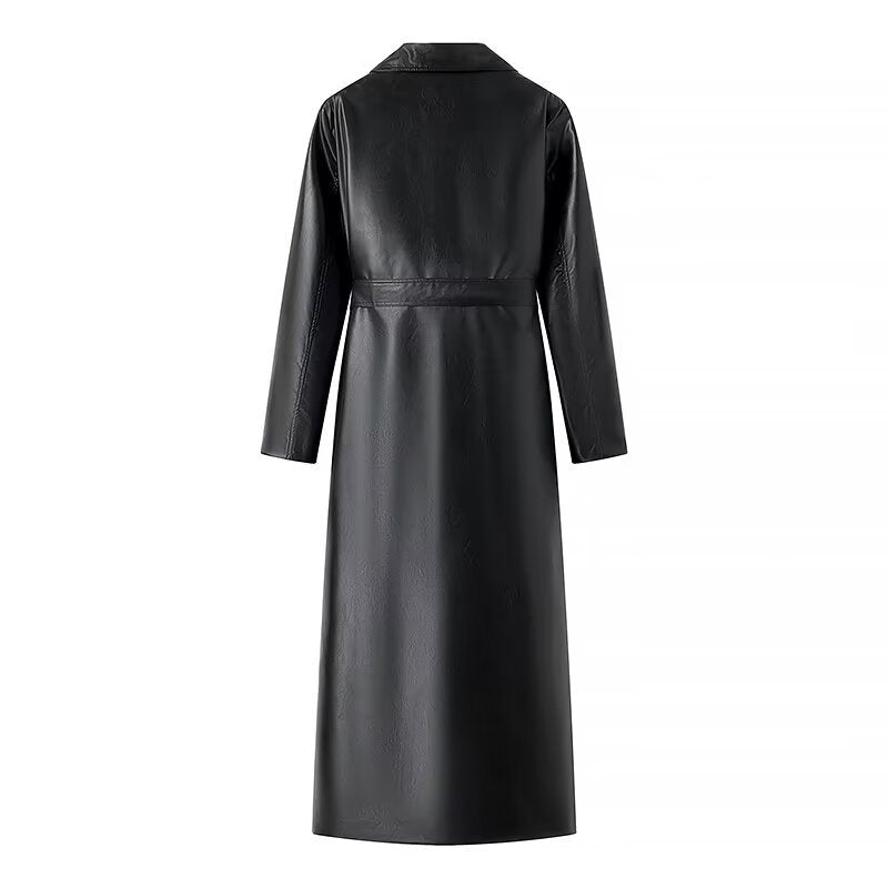 Women's Faux Leather Trench Coat with Belt