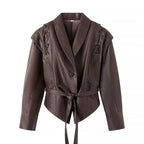 Women's Cropped Faux Leather Jacket with Asymmetric Collar