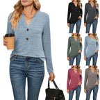 Women's Long-Sleeve Shirt with Button Placket and V-Neck