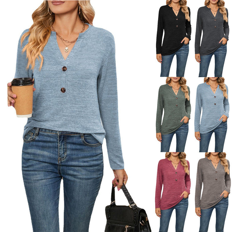 Women's Long-Sleeve Shirt with Button Placket and V-Neck