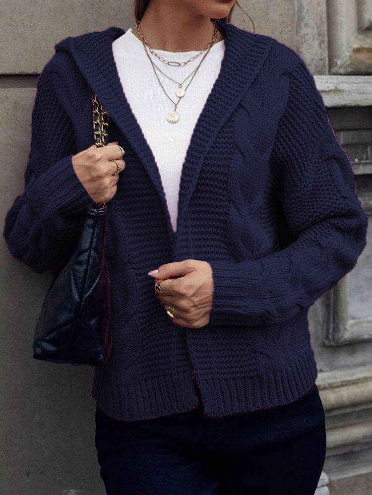 Women's Chunky Knit Cardigan with Hood and Cable Knit Pattern