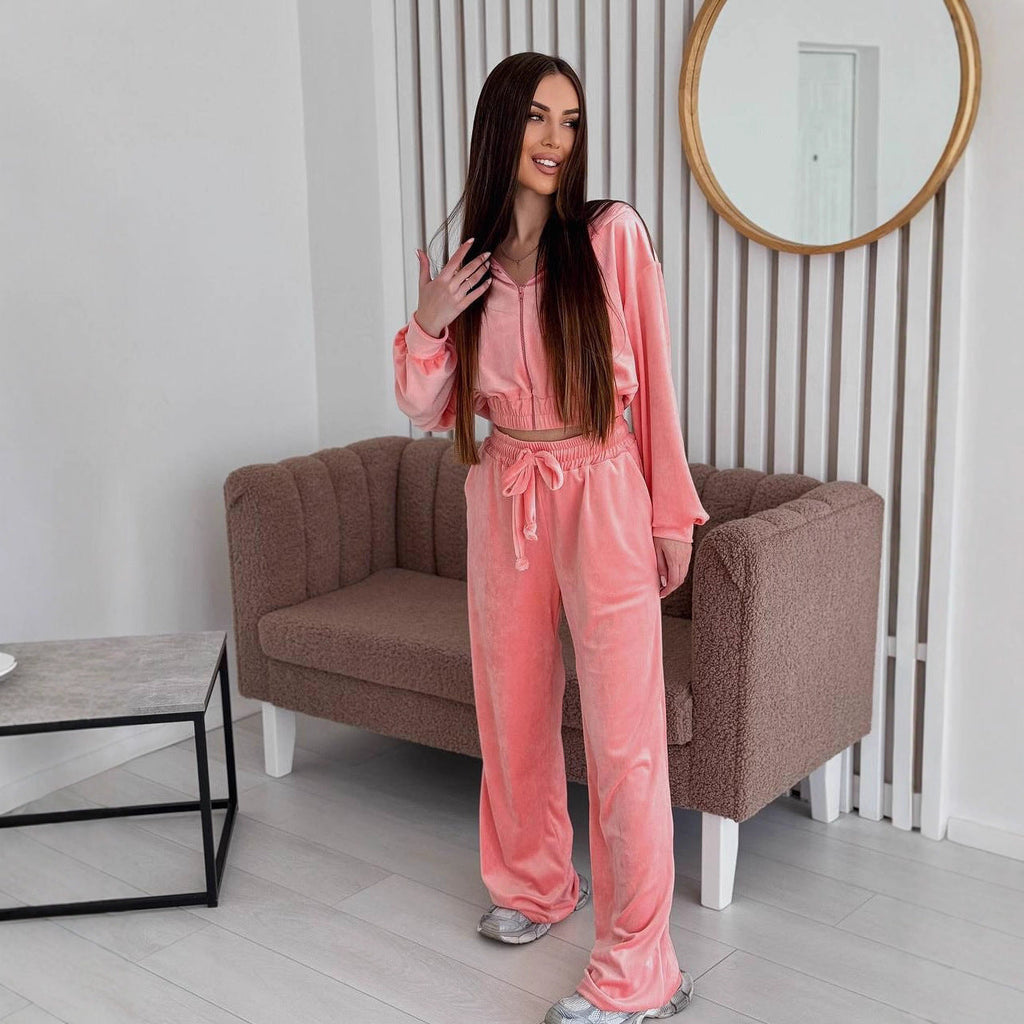 Women's Elegant Velour Lounge Set with Cropped Top and Wide-Leg Pants