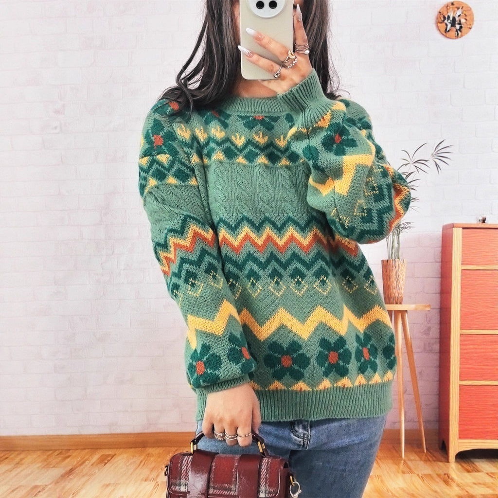 Women's Chunky Knit Sweater with Colorful Zigzag Pattern and Floral Accents