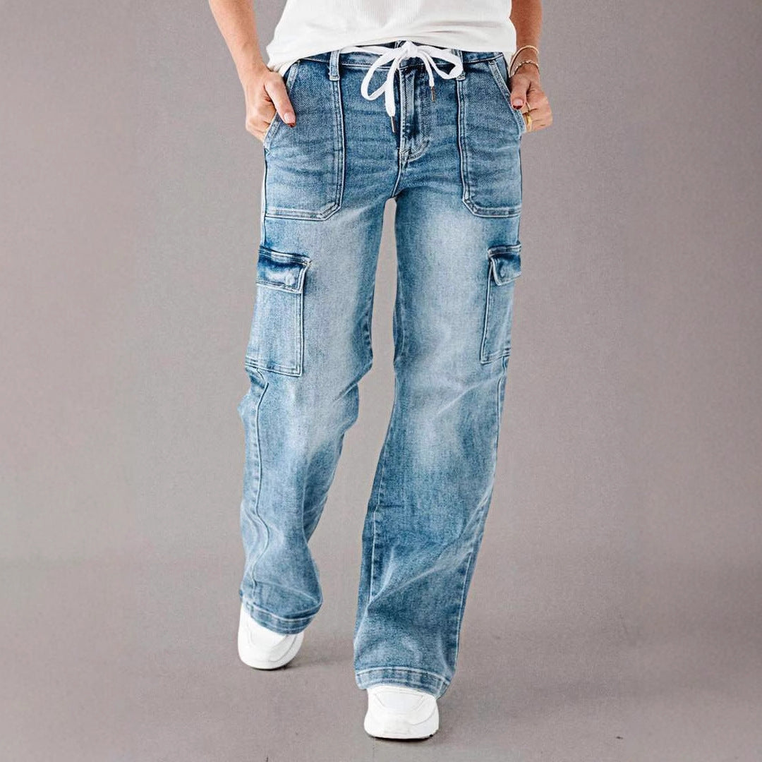 Women's Wide-Leg Cargo Jeans with Adjustable Waist