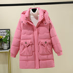 Women's Long Puffer Jacket with Practical Hooded Collar and Large Pockets