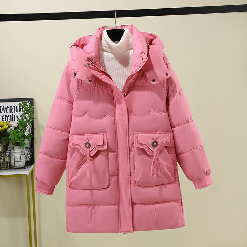Women's Long Puffer Jacket with Practical Hooded Collar and Large Pockets