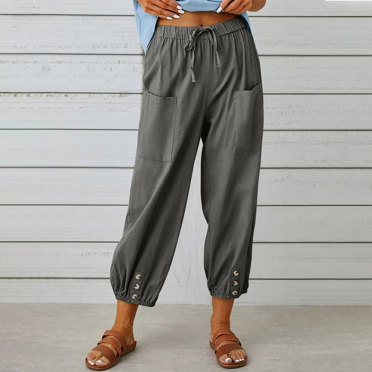 Women's Comfortable Casual Pants with Side Pockets and Cuffs