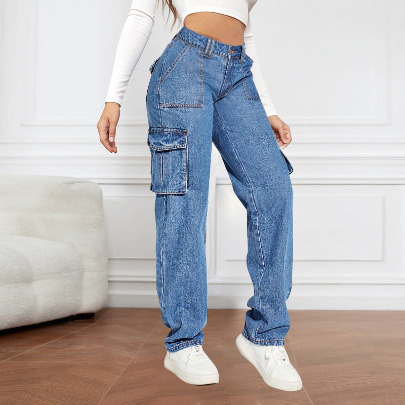 Women's High-Waisted Cargo Jeans with Pockets