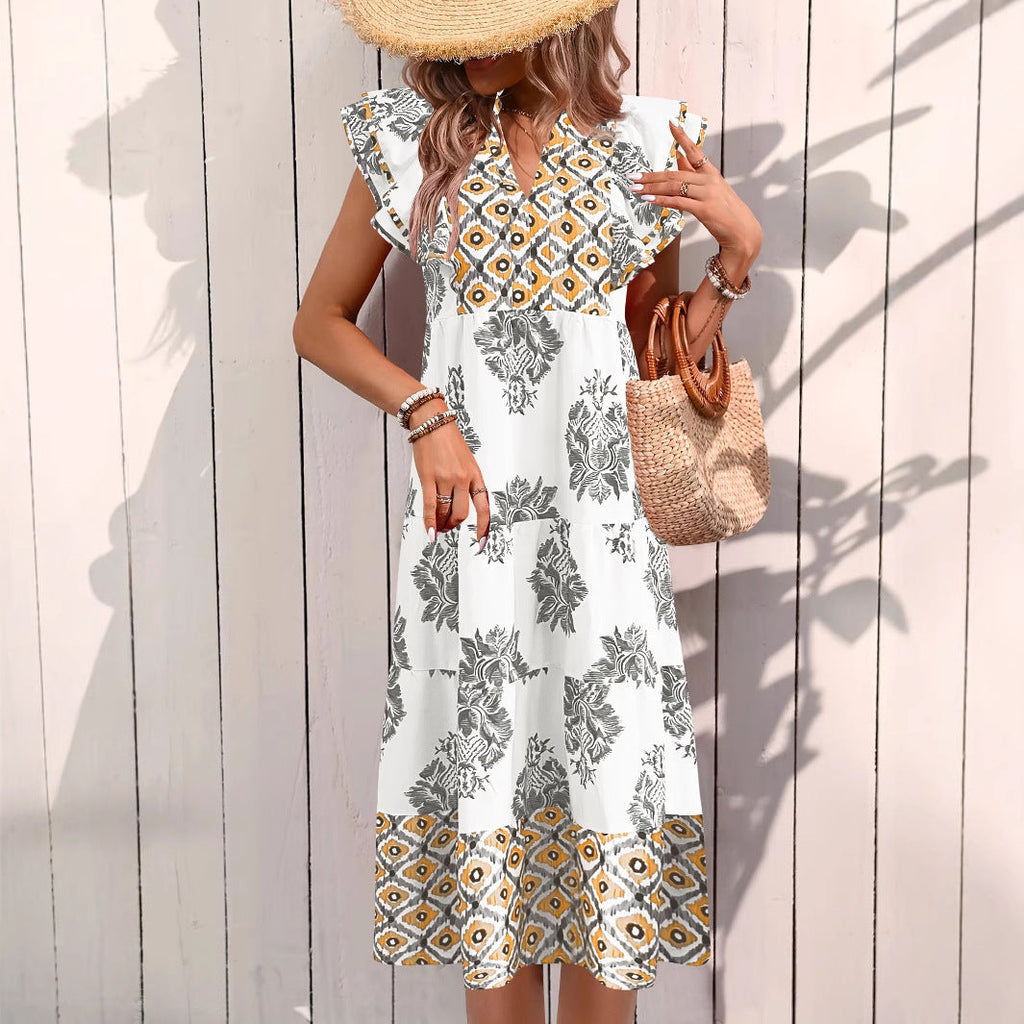 Women's Casual Blouse Dress with Floral Pattern and Modern V-Neck
