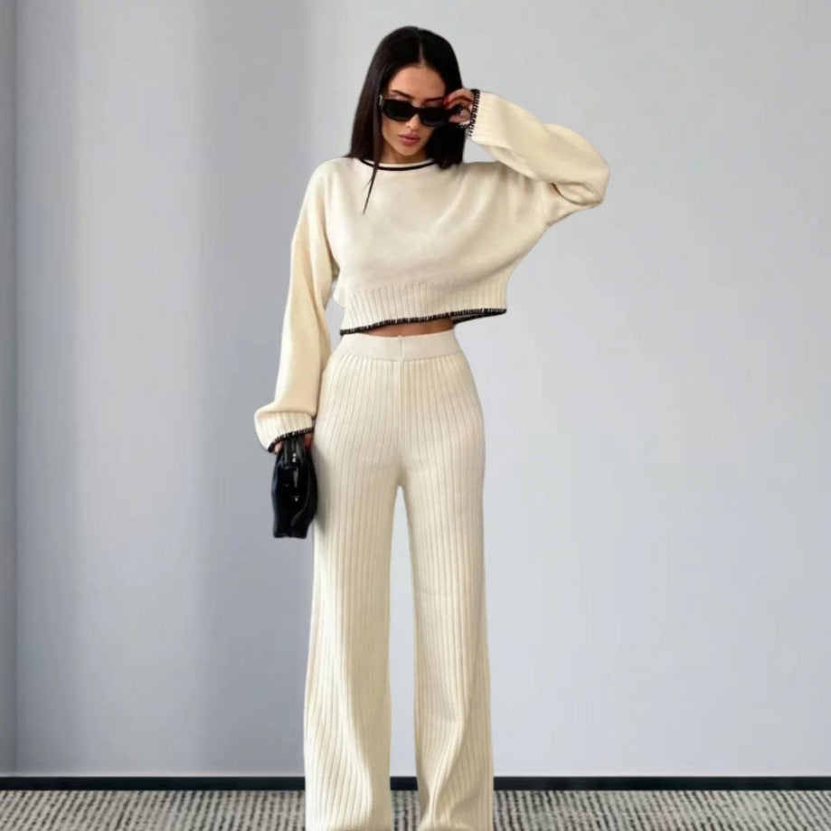 Elegant Knit Suit with Wide-Leg Trousers