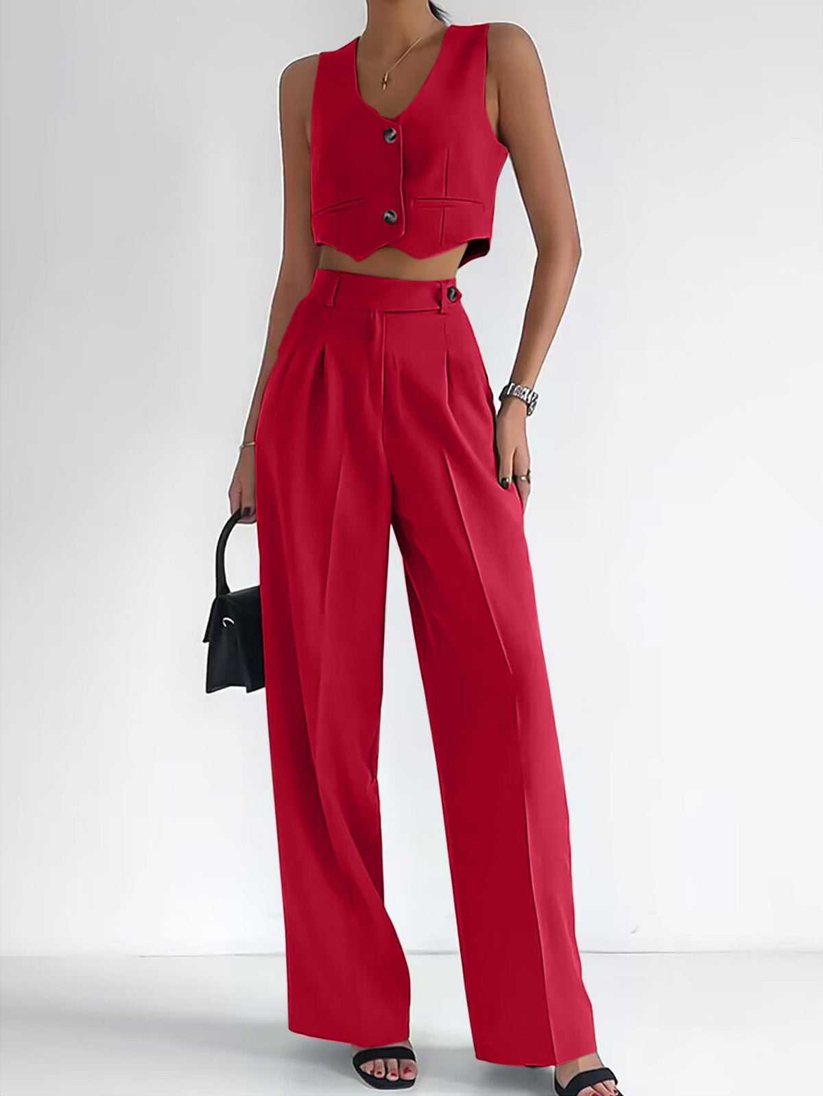 Women's Fashionable Two-Piece Set with Sleeveless Top and Wide-Leg Pants