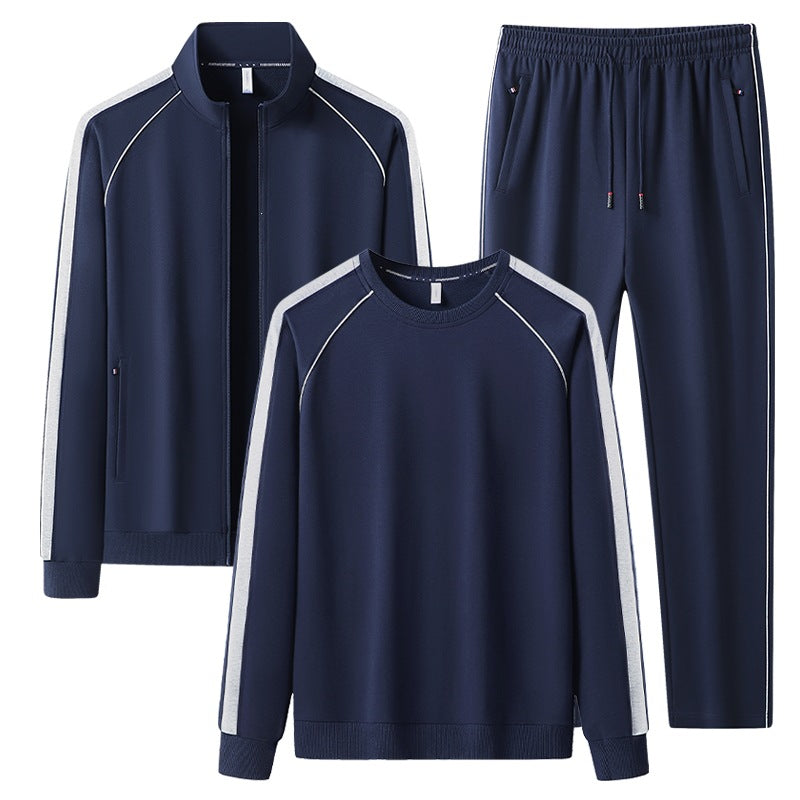 Men's two-piece training set with stand-up collar zip jacket, round neck sweatshirt, and tapered jogging pants