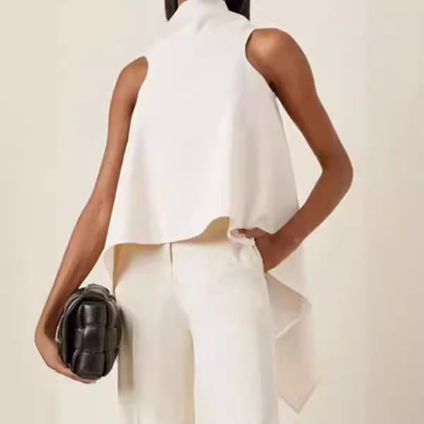 Women's Sleeveless Tunic with Asymmetrical Cut and Elegant Collar