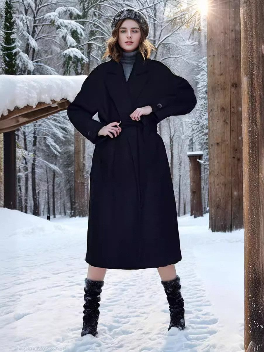 Women's Elegant Wool Coat with Belt and Wide Sleeves