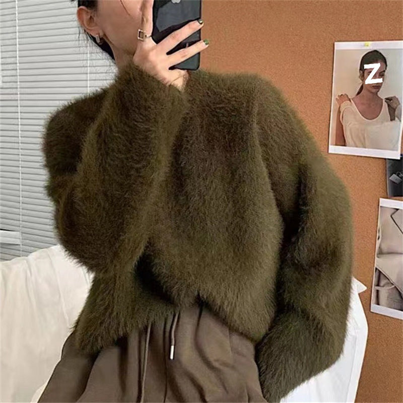 Women's Fluffy Pullover with Casual Fit and High Crew Neck