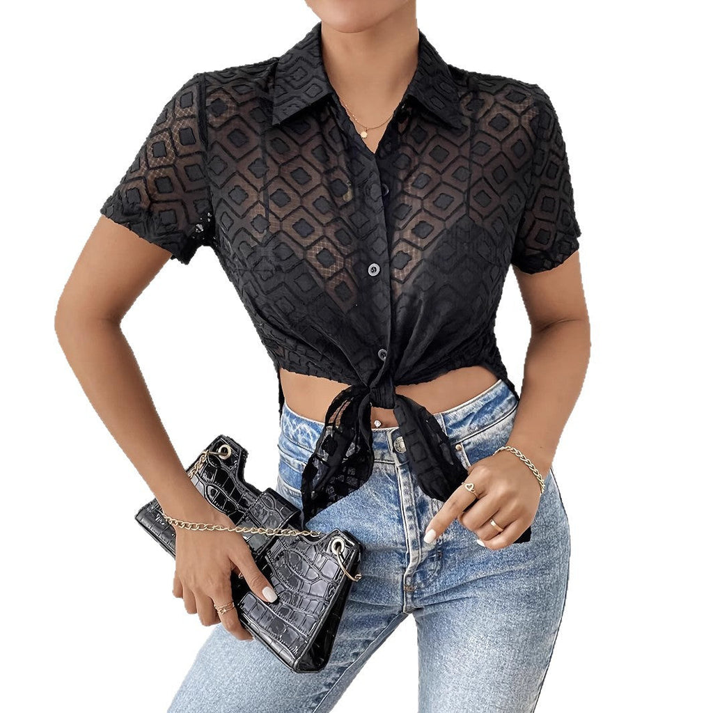 Women's Short-Sleeve Shirt with Knot Detail and Sheer Texture