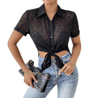 Women's Short-Sleeve Shirt with Knot Detail and Sheer Texture