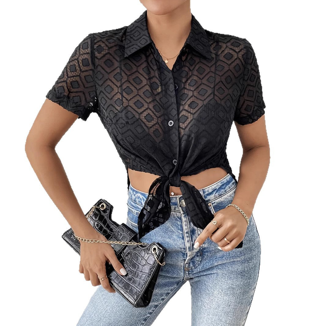 Women's Short-Sleeve Shirt with Knot Detail and Sheer Texture