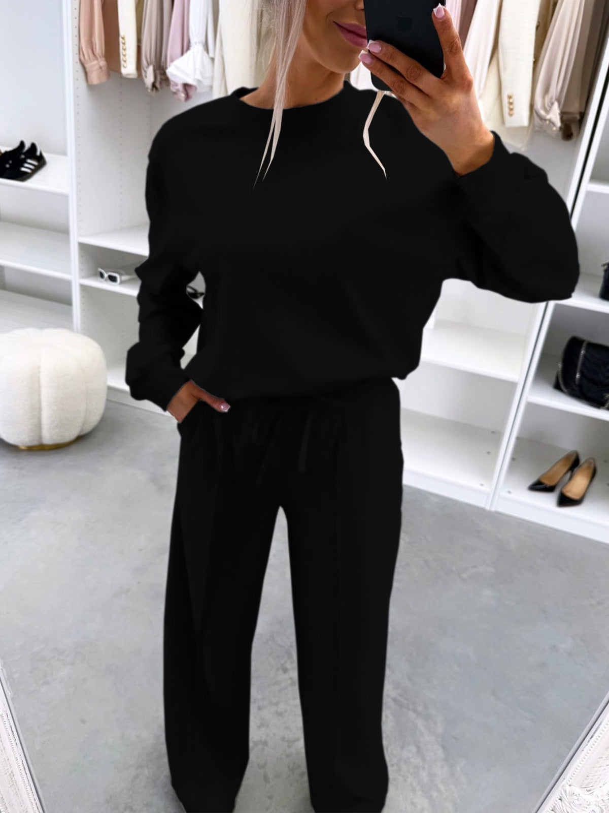 Women's Casual Loungewear Set with Oversize Batwing Sweater and Wide Jersey Pants