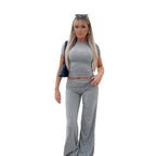 Women's Casual Co-ord Set with High-Waisted Trousers and Crop Top