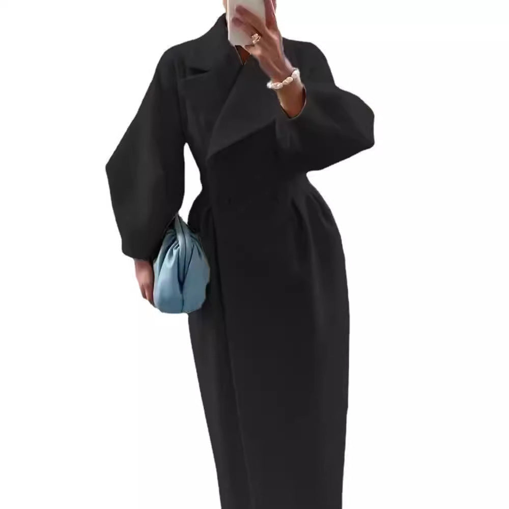 Women's Elegant Trench Coat with High Slit and Puff Sleeves